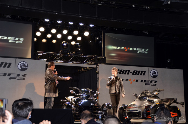 Can-Am Spyder F3/-Sの発表会に登場した、歌舞伎俳優の中村獅童さん