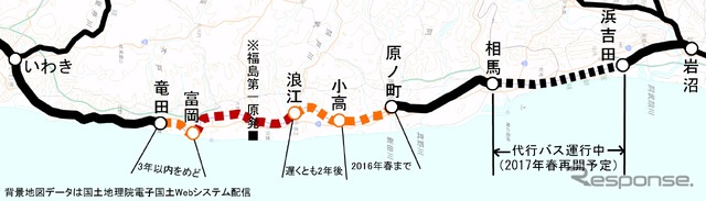 常磐線いわき~岩沼間の路線図。原発事故による不通区間は安全確保策完了後に全て再開する見通しが国交省から示された。