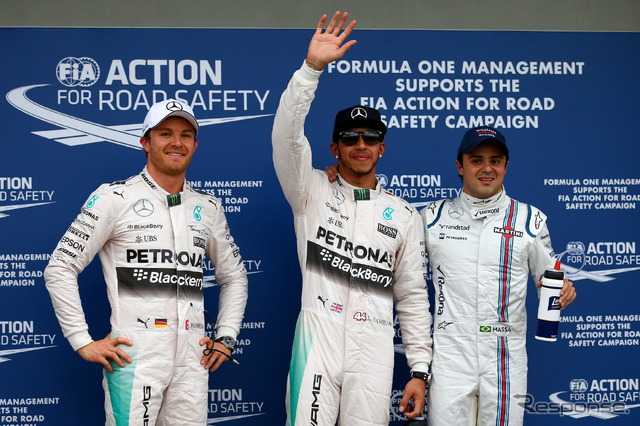 F1オーストラリアGPで予選トップを分け合ったハミルトン（中央）、ロズベルグ（左）、マッサ（右）