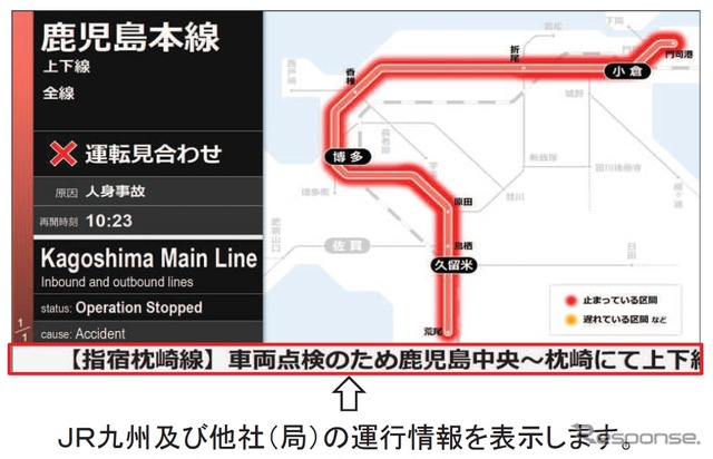 JR九州は下部テロップで他社局の運行情報も流す。
