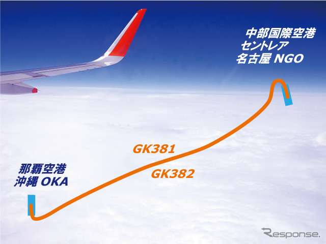 中部国際空港セントレア（名古屋、NGO）と那覇空港（沖縄、OKA）を結ぶジェットスター・ジャパンの新路線の運航初日、那覇行きGK381便から見えた風景