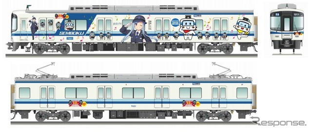 和泉中央駅20周年記念ラッピング車のイメージ。「鉄道むすめ 和泉こうみ」と「せんぼくん」が車体に描かれる。