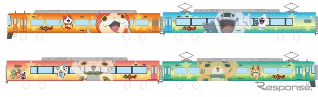 「妖怪ウォッチ号」のイメージ。車体にデザインされるキャラクターは各車両ごとに異なる。1号車(左上)が「ジバニャン」、2号車(右上)が「ウィスパー」、3号車(左下)が「コマさん」、4号車(右下)が「コマじろう」。