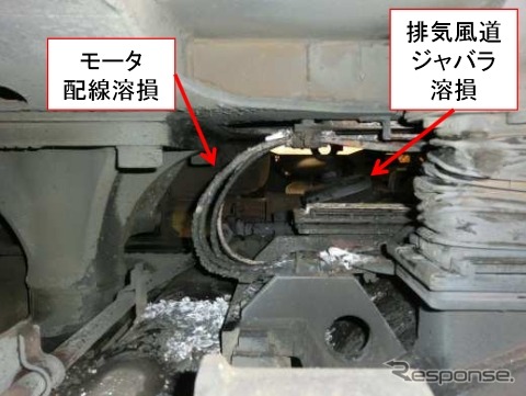 台車上面から確認できたモーター配線や排気風道蛇腹の溶損状態。