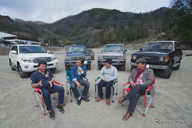 新旧ランドクルーザーオーナー4人に、「ランクルの魅力」を熱く語ってもらった。左から牟田さん(ランクル200)、小久保さん(ランクル70)、長嶋さん(ランクル70)、西久保さん(ランクル60)。