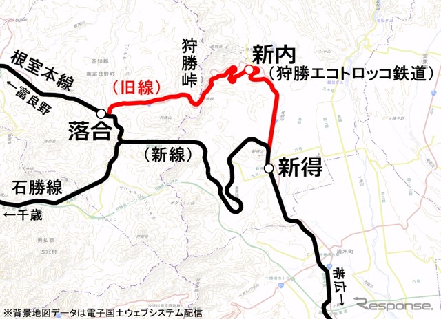 狩勝旧線の位置。輸送力増強のため急勾配や急カーブを緩和した新線に付け替えられ、旧線は1966年に廃止された。