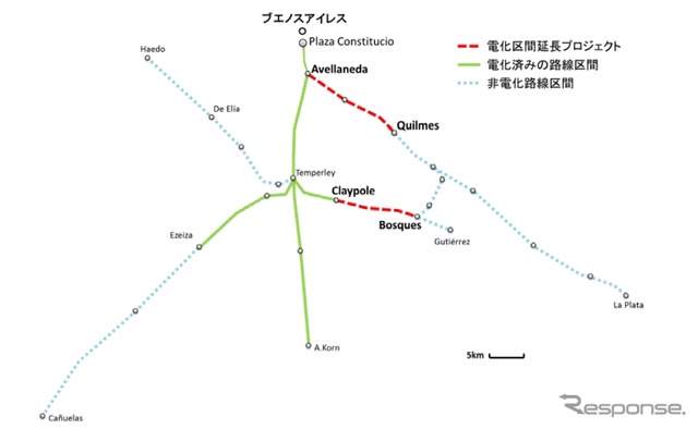 アルゼンチン・ロカ線の路線図。日本信号は今回、電化区間延伸プロジェクトの信号装置を受注した。