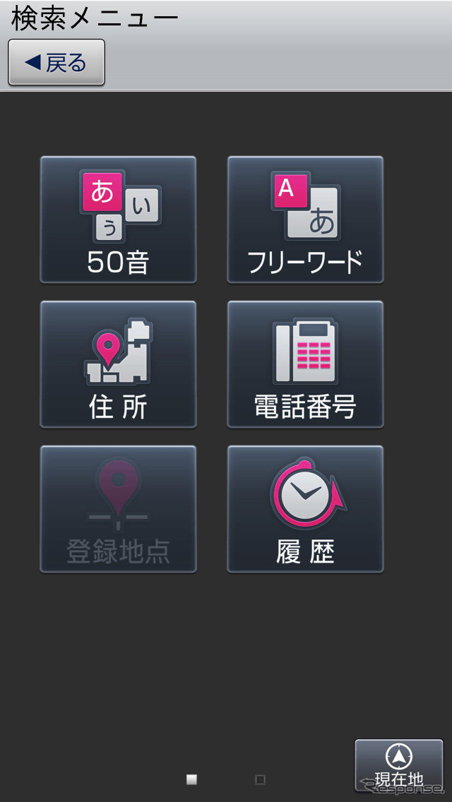 目的地検索はフリーワードや住所などごく一般的。住所と電話番号は通信環境が必要だ。