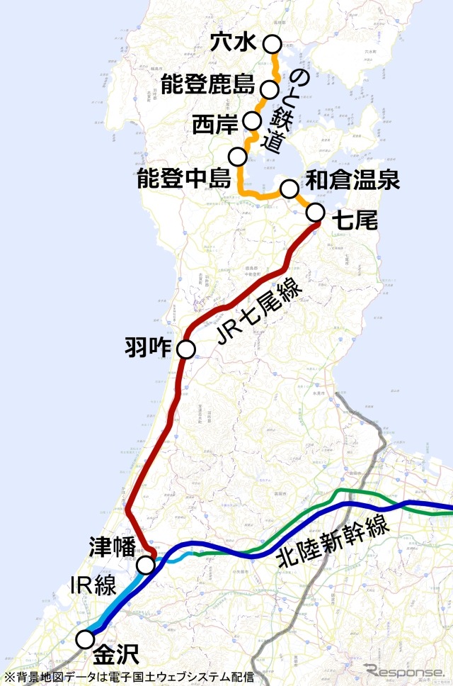 金沢~穴水間は現在、運行会社が3社に分かれている。運行区間も金沢~七尾間と七尾~穴水間で分割されている。