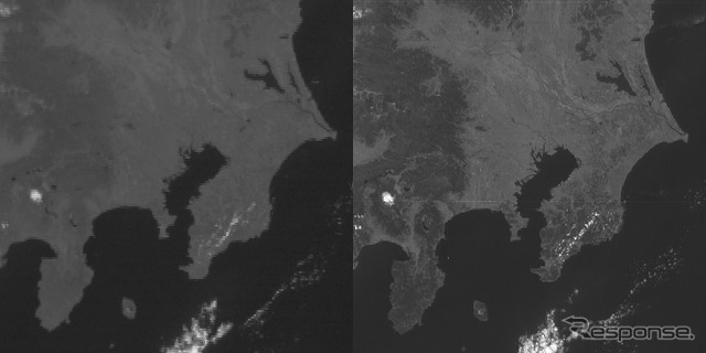 左:ひまわり7号の可視画像(解像度1km)右:ひまわり8号の可視画像(解像度500m)