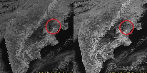 カムチャツカ半島の火山噴火、左:ひまわり7号の可視画像(30分ごと)右:ひまわり8号の可視画像(2.5分ごと)
