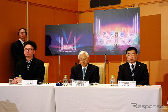 京都府民ホールで4月23日に開催された「海の京都博」開催概要共同記者会見。左から、オープニングイベント脚本監督・谷田光晴氏、海の京都観光推進協議会会長・柏原康夫氏、京都府知事・山田啓二氏