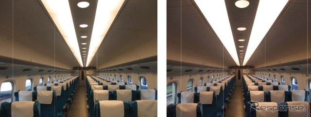 従来の蛍光灯（左）とLED（右）の比較。JR東海は「十分な明るさを確保しながら、CO2やメンテナンスコストの削減が可能」としている。