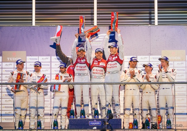 LMP1クラスの表彰式。優勝のアウディに続き、2～3位にはポルシェ勢が入った。