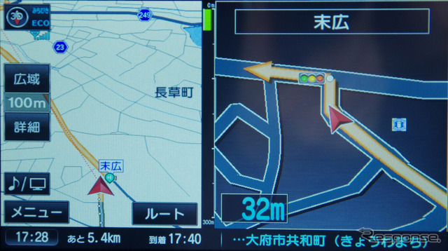 交差点拡大図は適切な大きさで分かりやすい。交差点までの距離の表示が遅れぎみだが、慣れれば問題ない。