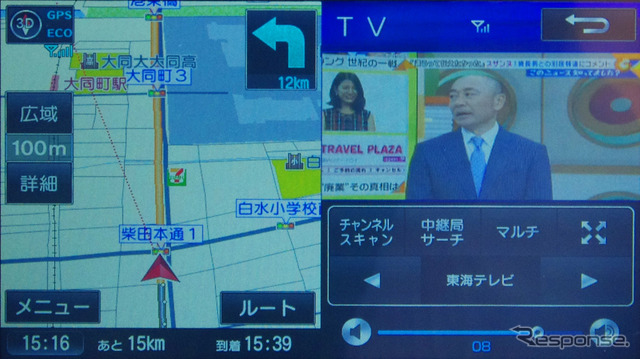 画面の右半分にテレビ、左半分にナビ画面を表示することができる。