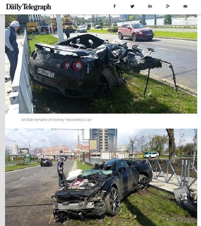 ロシアで大破した日産GT-Rの事故を伝えた『Daily Telegraph』