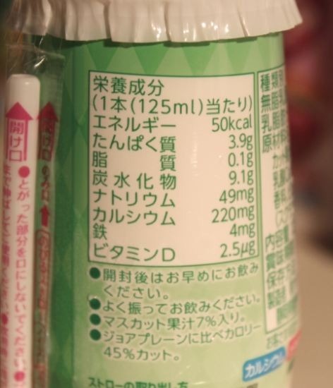 「ジョア(白ぶどう)」の栄養成分表示など