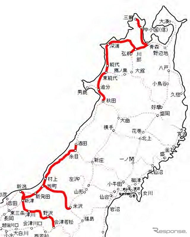 JR東日本は新潟・秋田地区の一部の路線(赤)に新型の電気式気動車を導入すると発表。2017年度から2020年度にかけて63両を投入する。