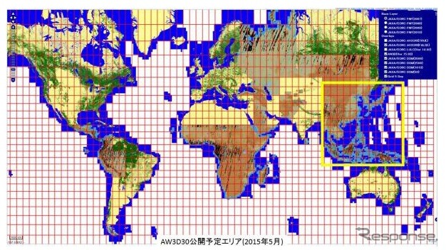 PRISM全世界標高データ（30mメッシュ版）当初公開範囲（黄色四角）