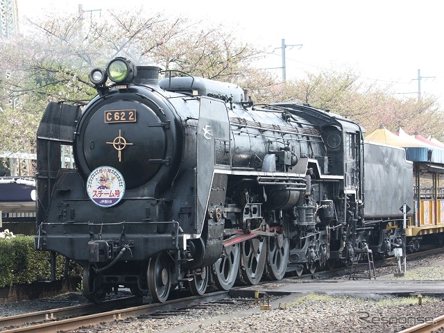 蒸気機関車は23両を収蔵・展示。このうち20両は梅小路蒸気機関車館の収蔵車を引き継ぐ。写真は動態保存されているC62形2号機。