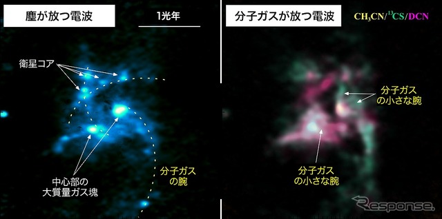 アルマ望遠鏡が波長1.3mmの電波で観測した塵の分布(左)と、アセトニトリル(CH3CN、黄)、硫化炭素の同素体(13CS、緑)、シアン化重水素(DCN、紫)の疑似カラー画像(右)
