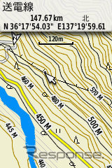 山岳地では10メートル単位の等高線が表示される。セット販売される日本登山地形図（TOPO10MPlusV3）では、このように送電線も表示されるようになった。