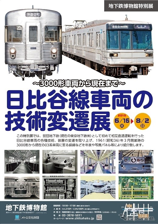 日比谷線車両の特別展の案内。6月16日から8月2日まで地下鉄博物館で開催される。