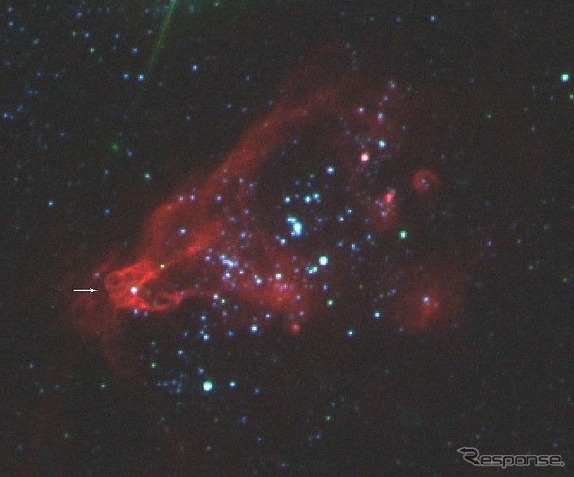 ハッブル宇宙望遠鏡で撮像した、矮小銀河ホルムベルク II にある超高光度X線源 X-1(矢印) の周辺の多色合成画像