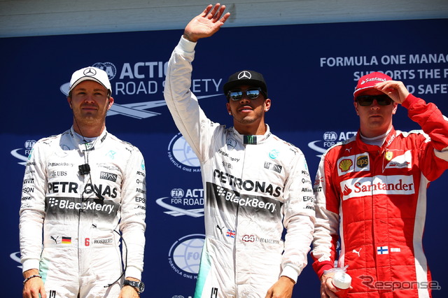 F1カナダGP予選トップ3のハミルトン(中央)、ロズベルグ(左)、ライコネン(右)