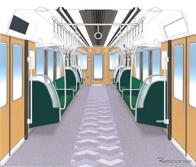 6500系の車内イメージ。4カ国語対応の案内表示器を設置するほか、3段階の高さに対応したつり手なども設ける。