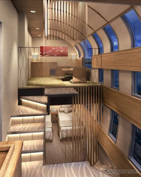 デラックススイートルーム（メゾネットタイプ）の室内イメージ。「景観を楽しめるスケール感のある階上部と、クローズした空間が安心感をもたらす階下部」で構成される。
