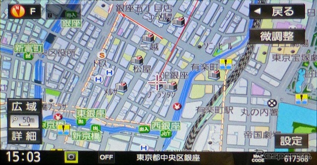 都心であれば情報量はかなり多い。渋滞回避ルートの精度は高そうだ。