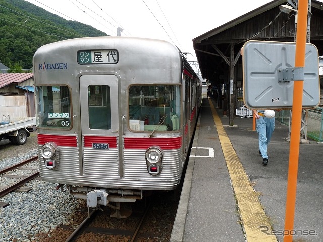 運転体験に使われる3500系。元営団地下鉄日比谷線用3000形で、1994年、同線での運用終了後に一部の車両が長野電鉄へ譲渡された。