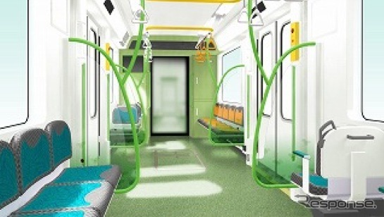 大阪市交通局が南港ポートタウン線(ニュートラム)に導入する新型車両200系の車内イメージ。2種類あり、こちらはグリーン