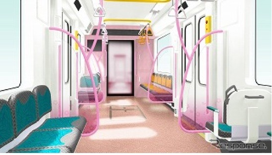 大阪市交通局が南港ポートタウン線(ニュートラム)に導入する新型車両200系の車内イメージ。2種類あり、こちらはピンク