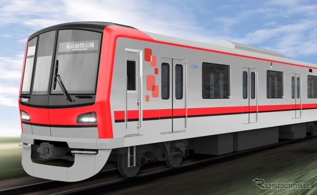 日比谷線・スカイツリーラインに導入される東武70000系のイメージ。20m・4ドアの仕様はメトロ13000系と同じだが、外観デザインは異なる。