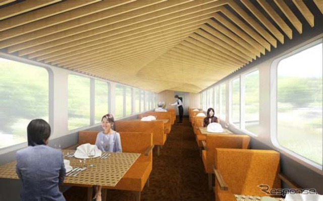 西武鉄道が今回発表した「観光電車」の検討イメージ(4号車)。天井の形状が宝積寺駅とやや似ている。