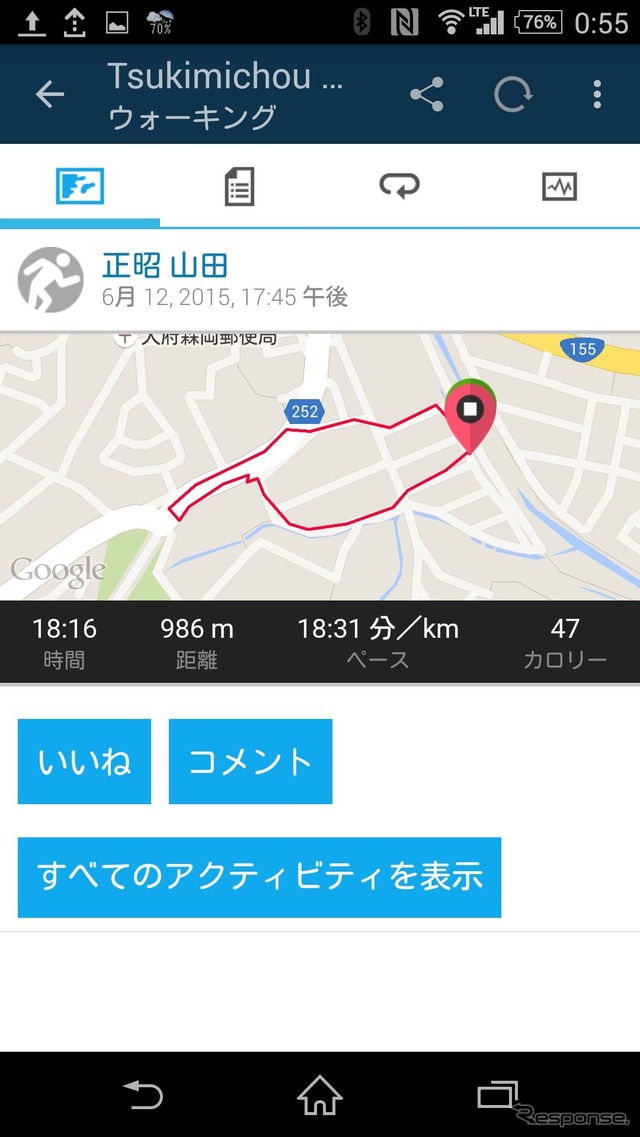 ウォークのアクティビティのデータを表示。歩いたコースが地図上に表示されている。