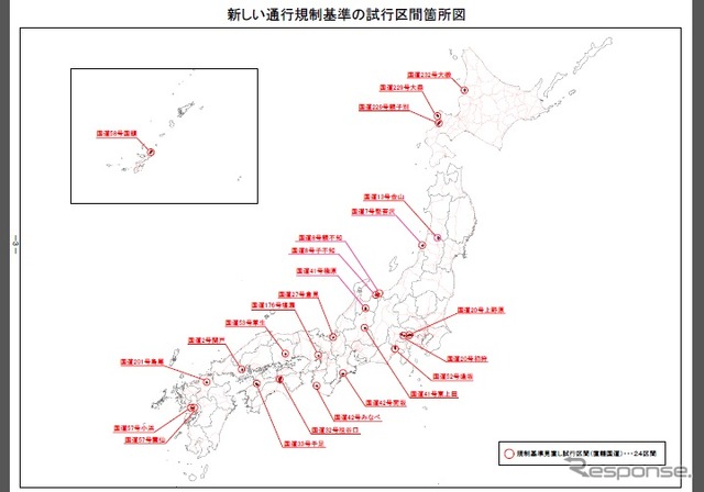 新しい通行規制基準の試行区間箇所図