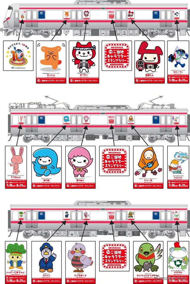 ラッピング編成側面のイメージ(1~3号車)。「台東くん」(東京都台東区)などのイラストが貼り付けられる。