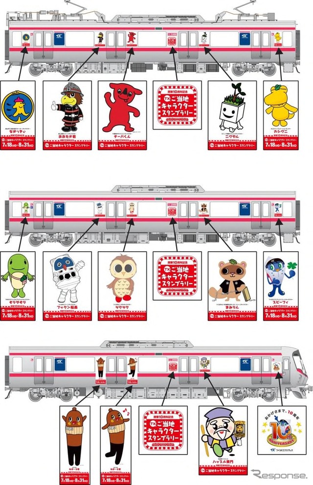 ラッピング編成側面のイメージ(4~6号車)。「ハッスル黄門」(茨城県)などのイラストが貼り付けられる。