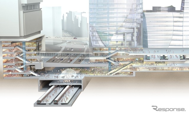 将来の渋谷駅の様子。東口地下広場によって副都心線・東横線とJR線の乗り換えが便利になる