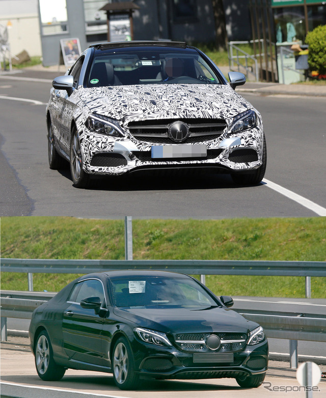 メルセデスベンツ Cクラスクーペ テスト車両。上が今回、下が以前撮影されたプロトタイプ。
