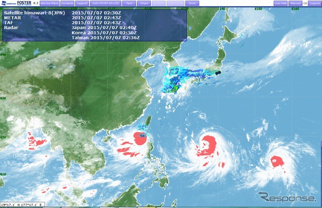 運航支援コンテンツ「FOSTER-NEXTGEN」7/7の積乱雲発生エリア　台風9号・10号・11号の雨雲の中で、特に積乱雲が発達しているエリアを赤色でアラート表示