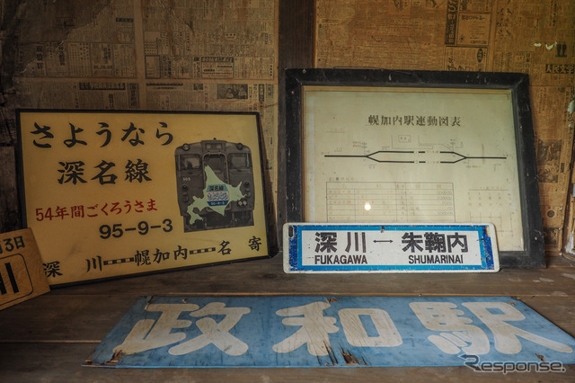深名線関係の展示品。背後の壁には古新聞が貼られており、「北海日日新聞」の文字を確認できた。