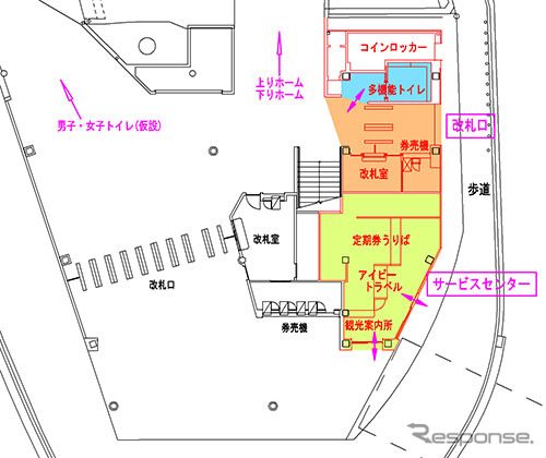 新しい東向き改札とサービスセンターの位置。多機能トイレも設けられる。