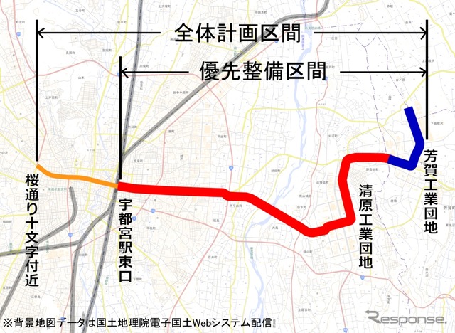 宇都宮・芳賀LRTの路線図。全体計画区間のうち、宇都宮駅東口駅から宇都宮市内(赤)を東に進んで芳賀町内(青)に至る区間が優先整備区間になる。
