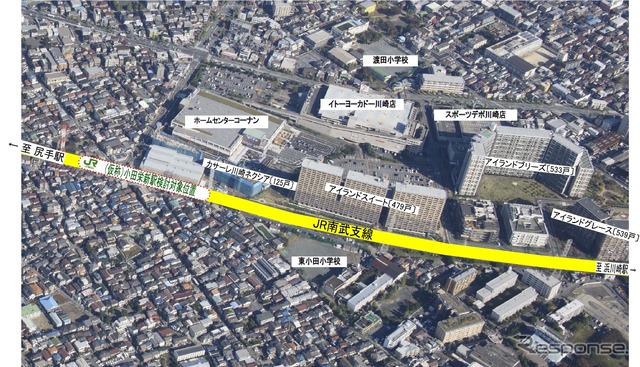 駅名投票が実施される新駅の位置。南武線浜川崎支線の川崎新町～浜川崎間に設けられる。