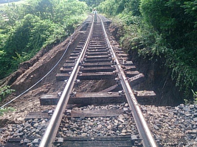 路盤が流出した石北本線の下白滝～丸瀬布間。JR北海道は上川～遠軽間を運休し、旭川～網走間で代行バスの運行を開始した。8月8日の復旧の見込み。